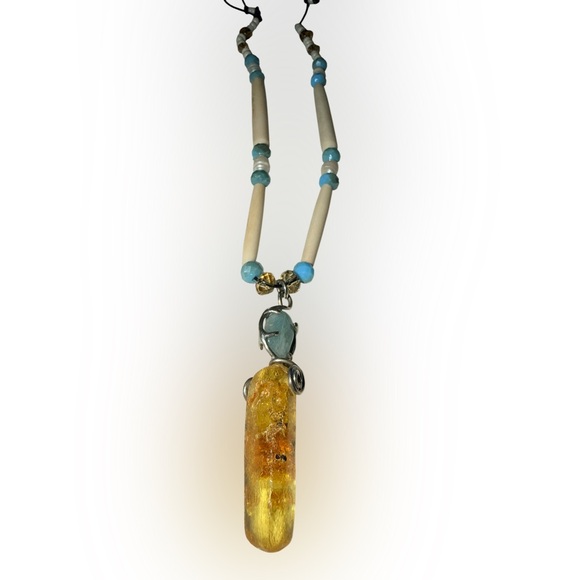 Stunning AMBER AQUAMARINE .925 Pendant Necklace with bone real pearls - Picture 4 of 8